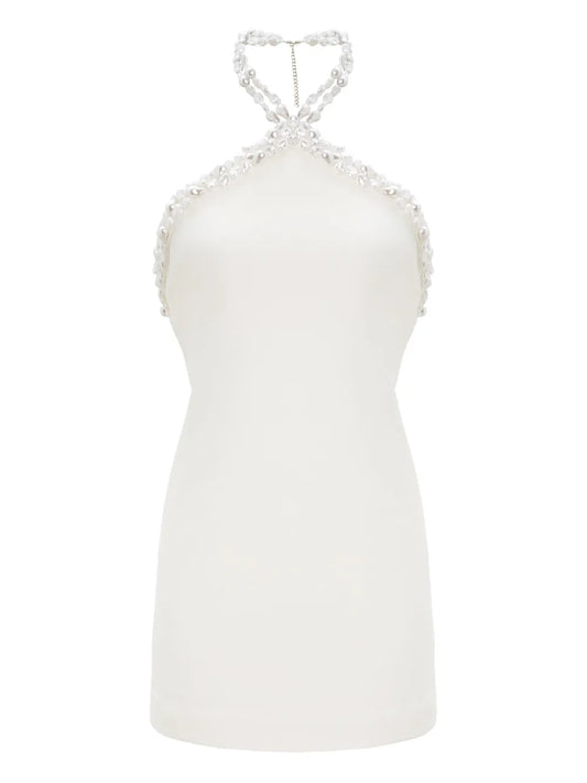 Retrofete Beaded Halter Neck Mini Dress — White — Size S — Front View