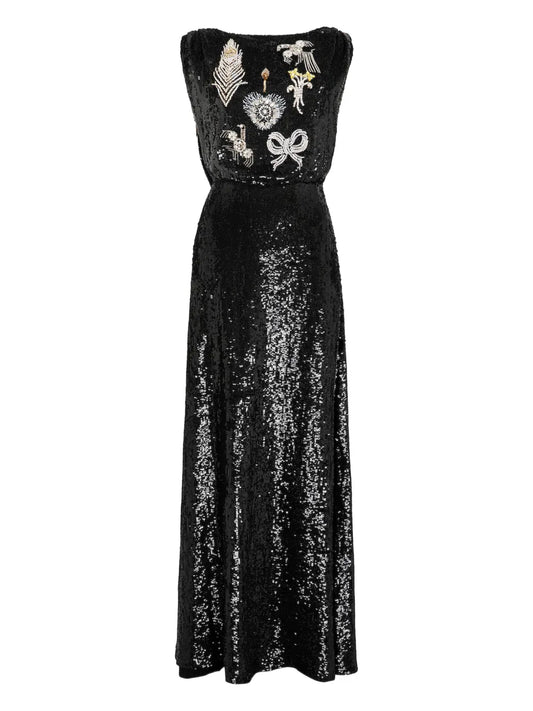 Temperley London Adalina Sequin Embellished Maxi Dress — Black — Size XS — Front View