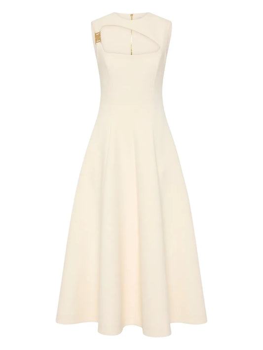 Rebecca Vallance Freyja Midi Dress — Red/ Ivory/ Gold — Size XS — Front View