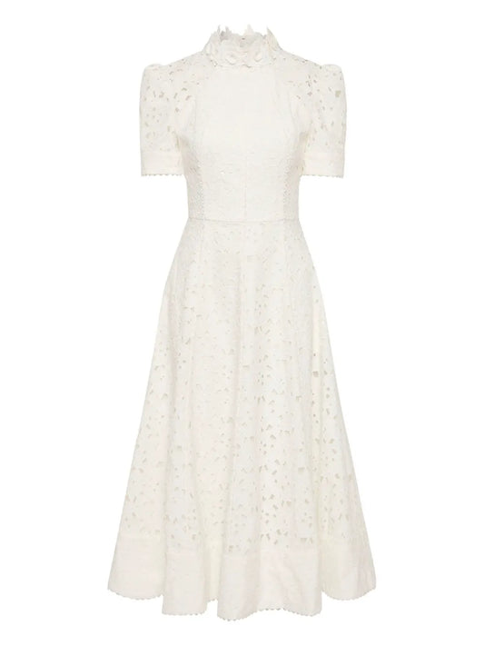 Rebecca Vallance Embroidered Midi Dress — White/ Red — Size XS — Front View