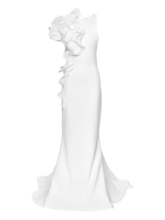 Ana Radu Ruffled Applique Gown — White — Size XS — Front View
