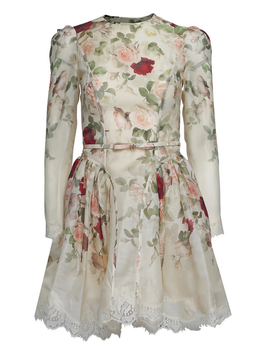 Zimmermann Story Floral Lace Trimmed Mini Dress — Red/ Cream — Size XS — Front View