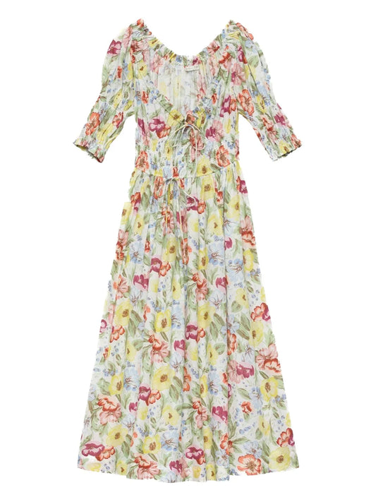 Doen Ischia Shirred Floral Print Midi Dress — Beige/ Red — Size S — Front View