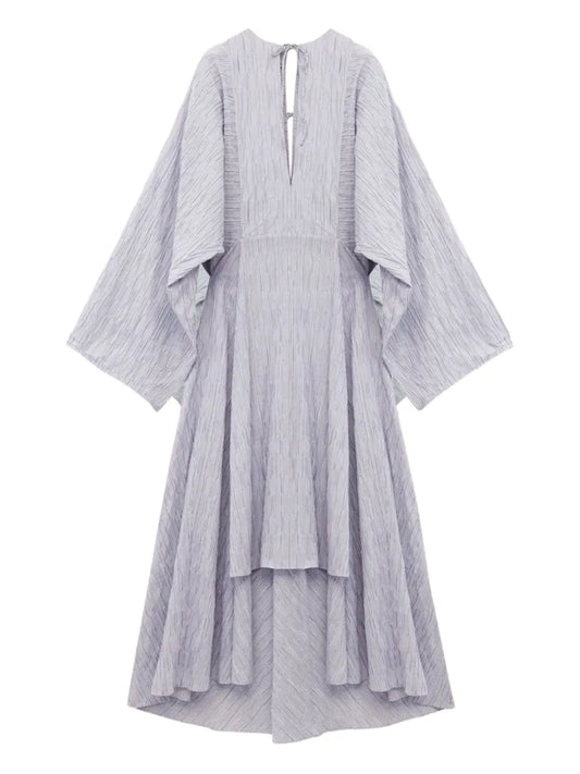 Loewe Pleated Tie Neck Midi Dress — Blue/ Red — Size XS — Front View