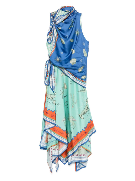Alemais Surrealist Summer Scarf Dress — Blue/ Red — Size XS — Front View