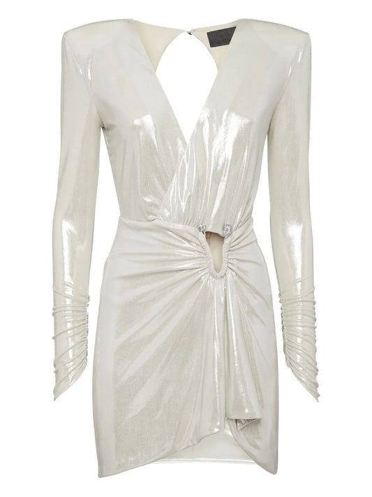 Philipp Plein Skull Detail Draped Mini Dress — Silver — Size XS — Front View