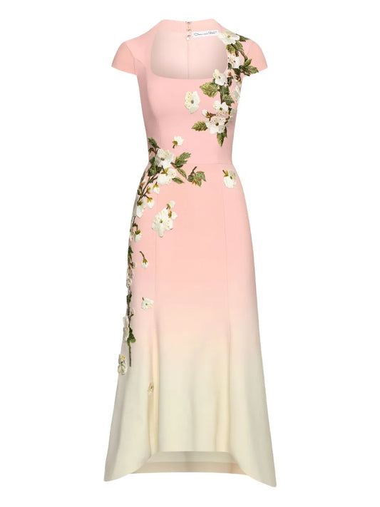 Oscar De La Renta Floral Embroidered Midi Dress — Red/ Pink — Size XS — Front View