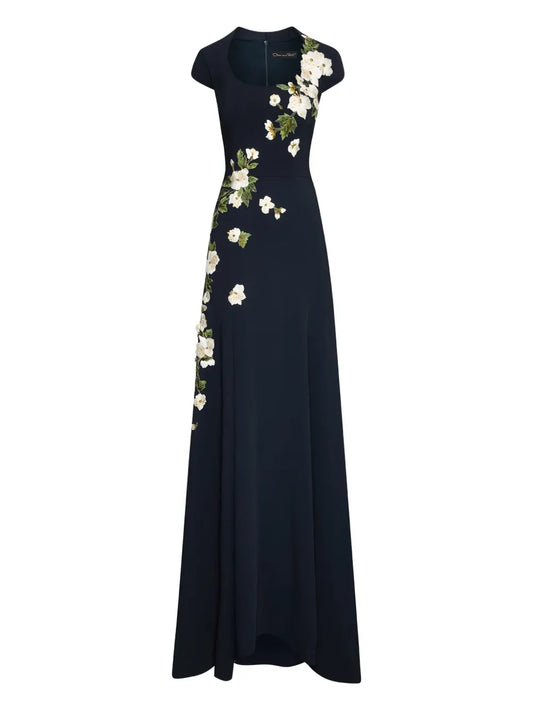 Oscar De La Renta Floral Embroidered Evening Dress — Blue/ Navy/ Red — Size XS — Front View