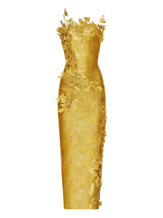 Oscar De La Renta Leaf Embellished Fitted Dress — Gold — Size XS — Front View