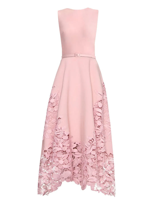 Oscar De La Renta Cherry Guipure Lace Midi Dress — Pink — Size XS — Front View