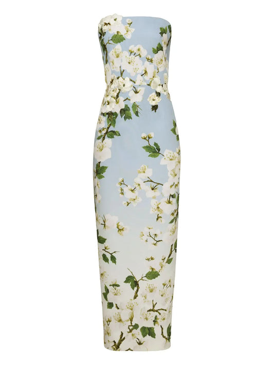 Oscar De La Renta Floral Print Strapless Dress — Blue — Size XS — Front View