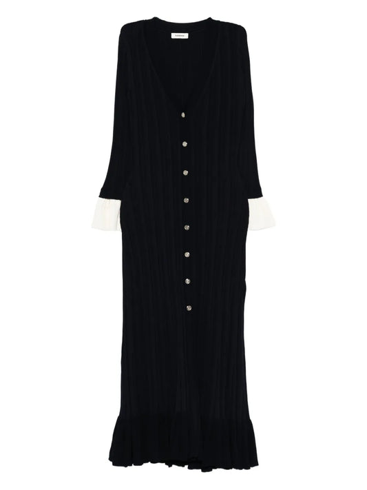 Sandro Ruffled Button Placket Midi Dress — Blue/ Navy — Size XS — Front View