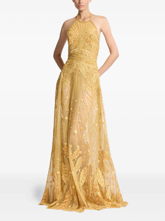 Elie Saab Beaded Halter Neck Dress — Red/ Gold — Size M — Front View