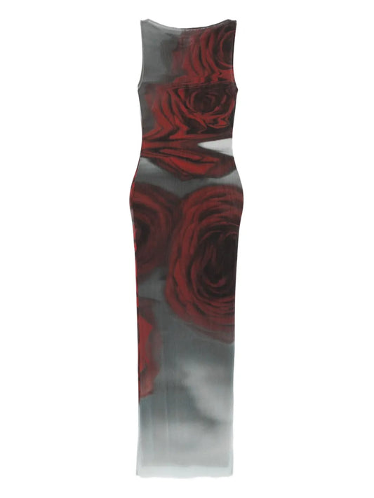 Jean Paul Gaultier Rose Print Midi Dress — White/ Grey/ Red — Size XS — Front View