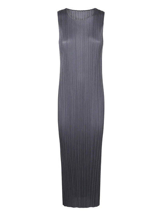 Pleats Please Issey Miyake Plisse Effect Dress — Grey — Size XS — Front View