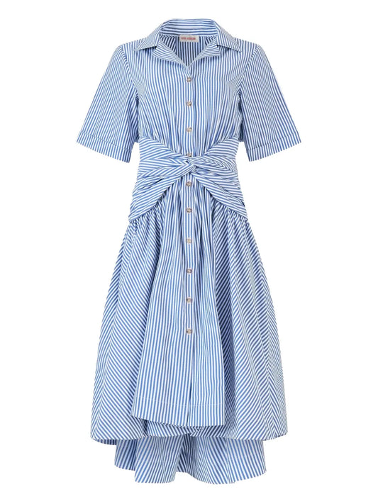 Rosie Assoulin Striped Midi Dress — Blue/ Navy/ Red — Size S — Front View
