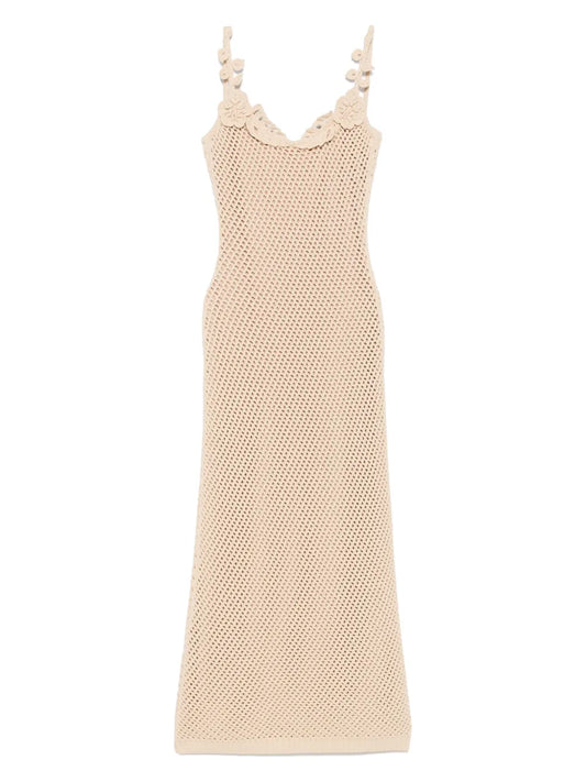 Elie Saab Floral Applique Mesh Dress — Beige — Size S — Front View