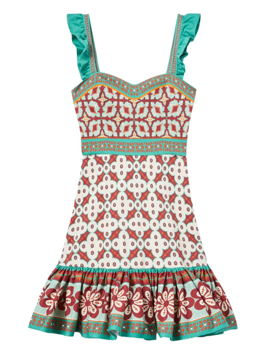 La Doublej Gingerbread Ruffled Printed Mini Dress — Beige/ Red — Size XS — Front View