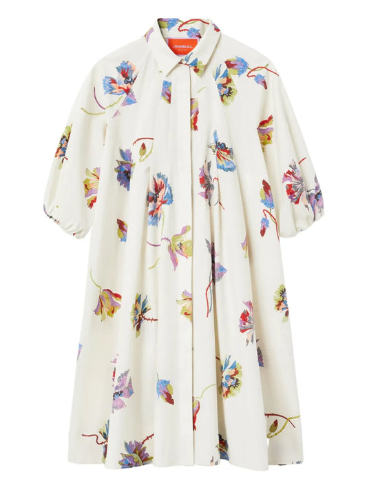 La Doublej Sunburst Floral Print Puff Sleeve Mini Dress — White/ Red — Size XS — Front View