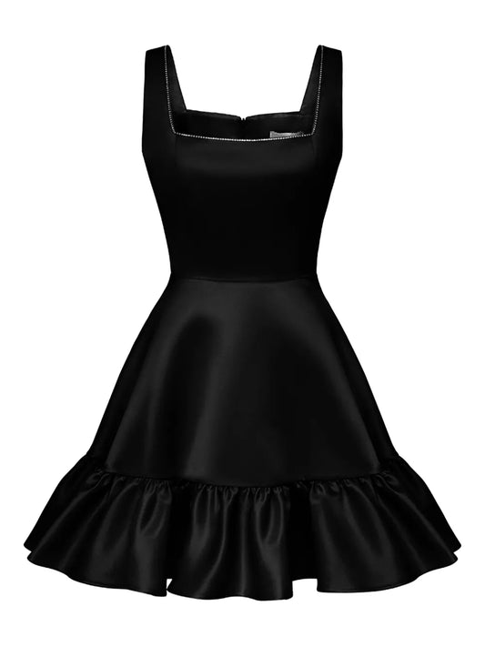 Post Meridiem Ruffle Hem Mini Dress — Black — Size XL — Front View