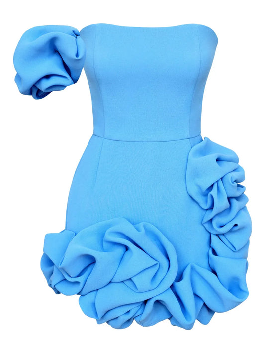 Post Meridiem Flounced One Shoulder Bustier Mini Dress — Blue — Size XS — Front View