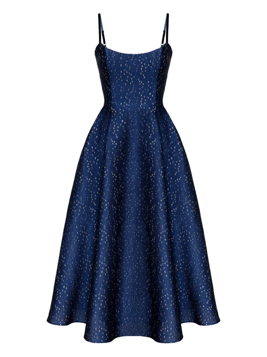 Post Meridiem Jacquard Corset Bustier Midi Dress — Blue/ Navy/ Red — Size XS — Front View