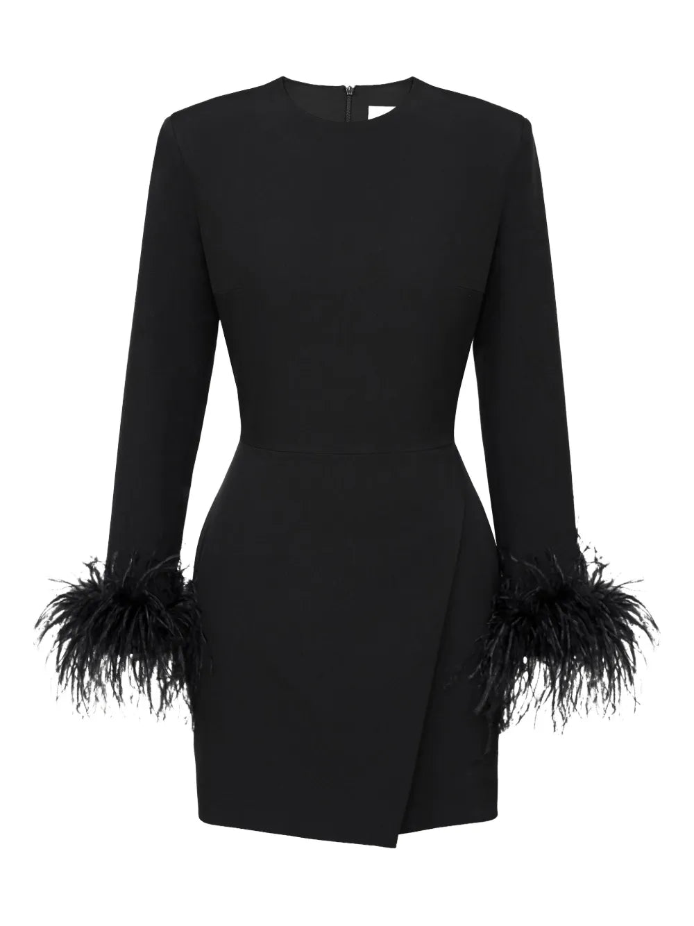 Post Meridiem Wrap Feather Sleeve Mini Dress — Black — Size XS — Front View