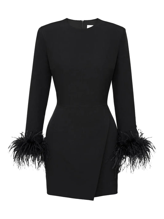 Post Meridiem Wrap Feather Sleeve Mini Dress — Black — Size XS — Front View