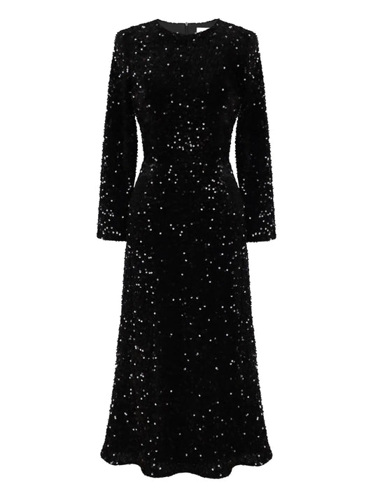 Post Meridiem Sequin Embellished Velvet Midi Dress — Black — Size S — Front View