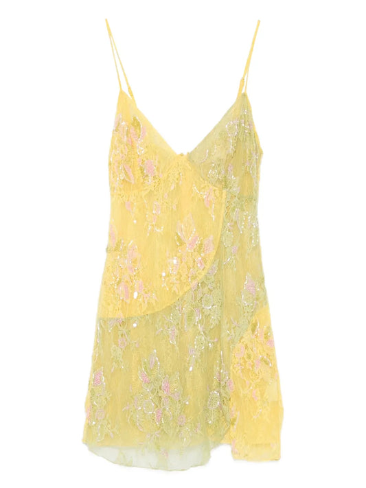 Roberta Einer Embellished Spaghetti Strap Dress — Red/ Yellow — Size XS — Front View
