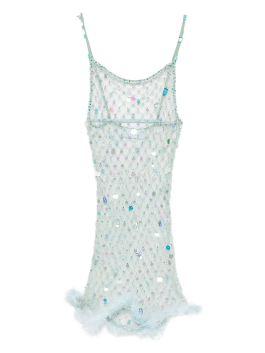 Roberta Einer Feather Trim Mesh Mini Dress — Blue — Size XS — Front View