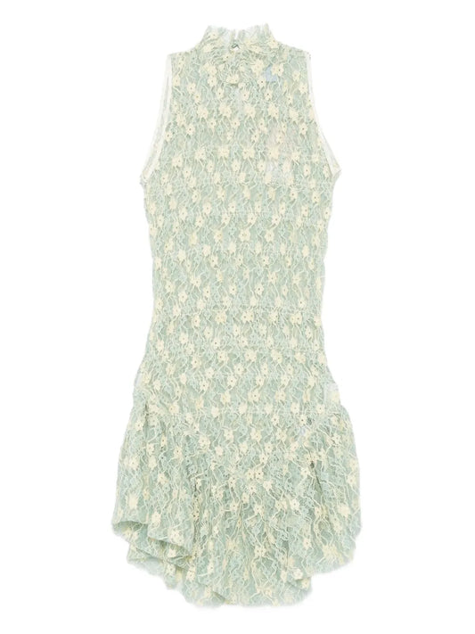 Roberta Einer Floral Lace High Neck Mini Dress — Red/ Green — Size S — Front View