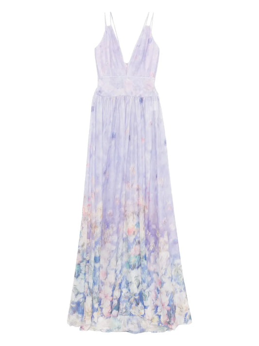 Saiid Kobeisy Floral Printed Long Dress — Purple — Size XS — Front View