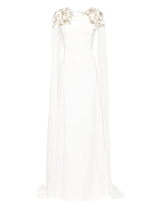 Saiid Kobeisy Embellished Crepe Kaftan Dress — White/ Tan/ Red — Size XS — Front View