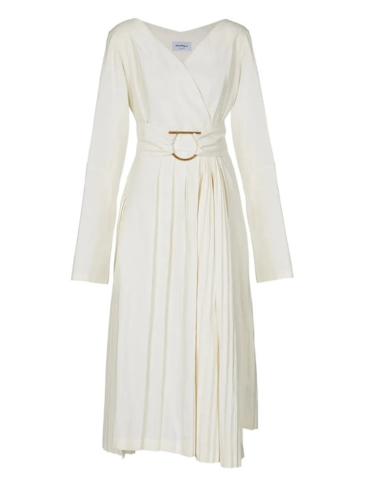 Ferragamo Pleated Detail Midi Dress — White — Size XS — Front View