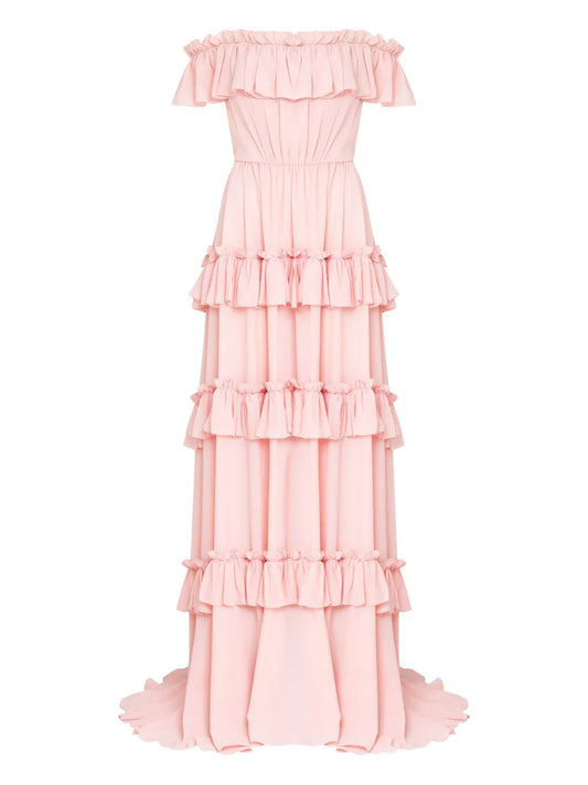 Olympiah Ruffled Off The Shoulder Gown — Red/ Pink — Size XS — Front View