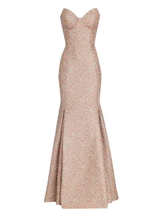 Olympiah Strapless Jacquard Trumpet Dress — Red/ Pink — Size XS — Front View