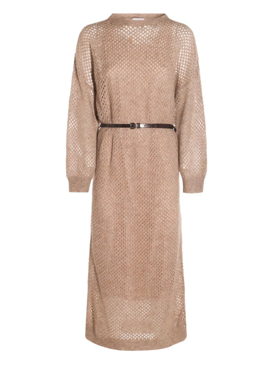 Brunello Cucinelli Open Knit Midi Dress — Light Brown/ Brown — Size M — Front View