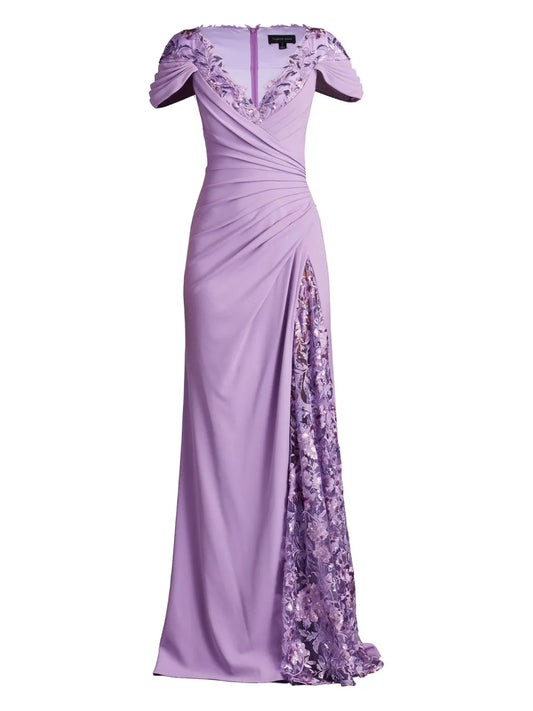 Tadashi Shoji Sunas Flower Embellished Draped Gown — Purple — Size XS — Front View