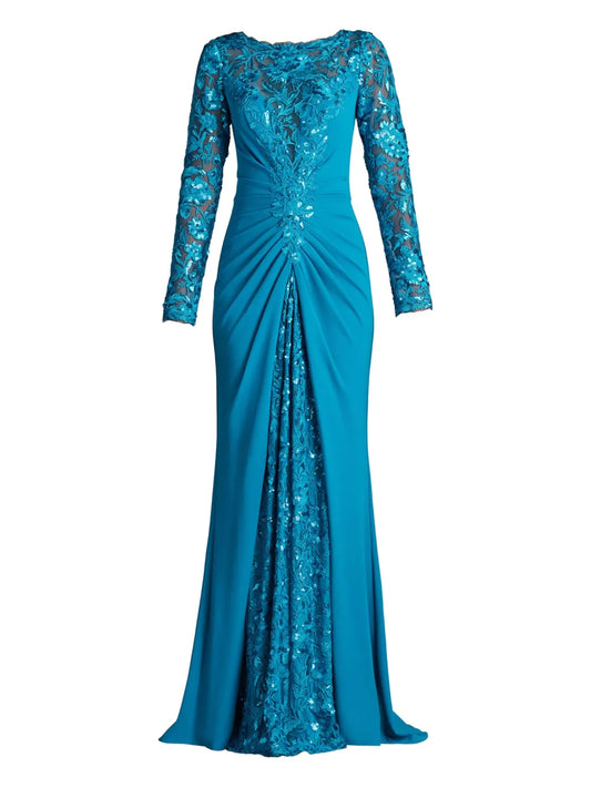Tadashi Shoji Whitley Sequin Embellished Floral Gown — Blue — Size S — Front View
