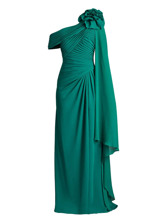 Tadashi Shoji Kamari Draped Off Shoulder Gown — Green — Size XS — Front View