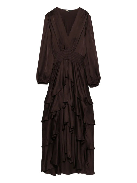 Maje V Neck Ruffled Dress — Brown/ Red — Size XS — Front View