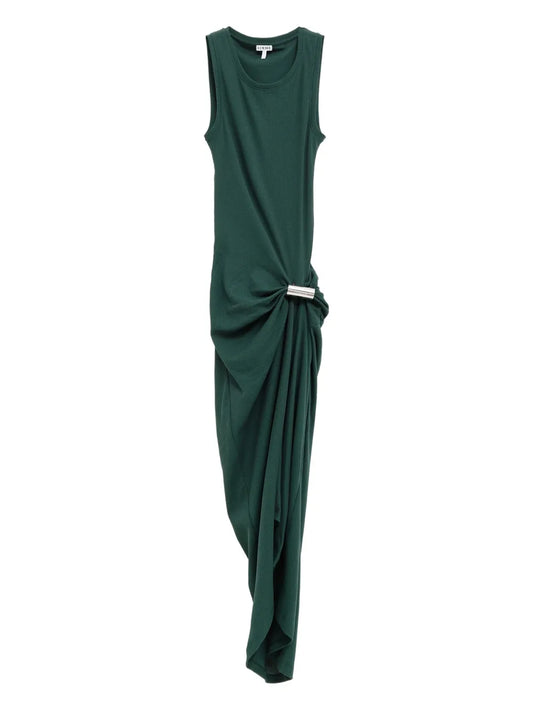 Loewe Draped Fine Ribbed Dress — Green/ Silver — Size S — Front View