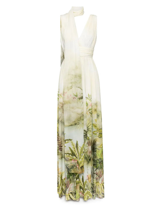 Elie Saab Printed Chiffon Dress — Red/ Green — Size XS — Front View