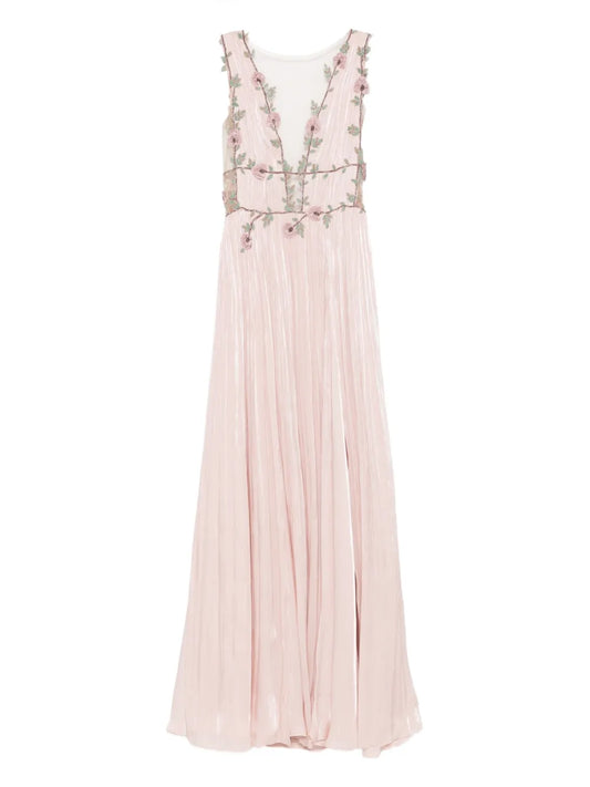 Costarellos Floral Embellished Pleated Maxi Dress — Pink — Size XS — Front View