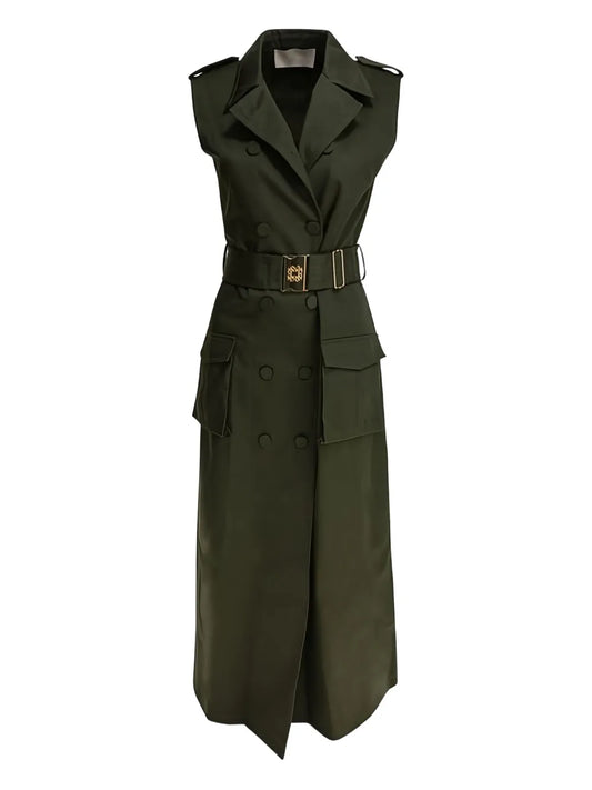 Elie Saab Belted Double Breasted Midi Dress — Green — Size XS — Front View