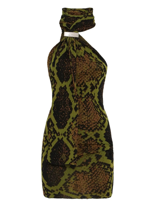 The Attico Snake Print Halterneck Mini Dress — Green/ Olive — Size XS — Front View