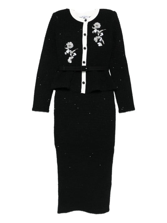 Self Portrait Floral Embellished Knitted Midi Dress — Black — Size XS — Front View