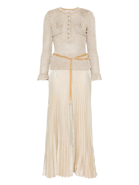 Self Portrait Ribbed Knit Lurex Maxi Dress — Gold — Size XS — Front View