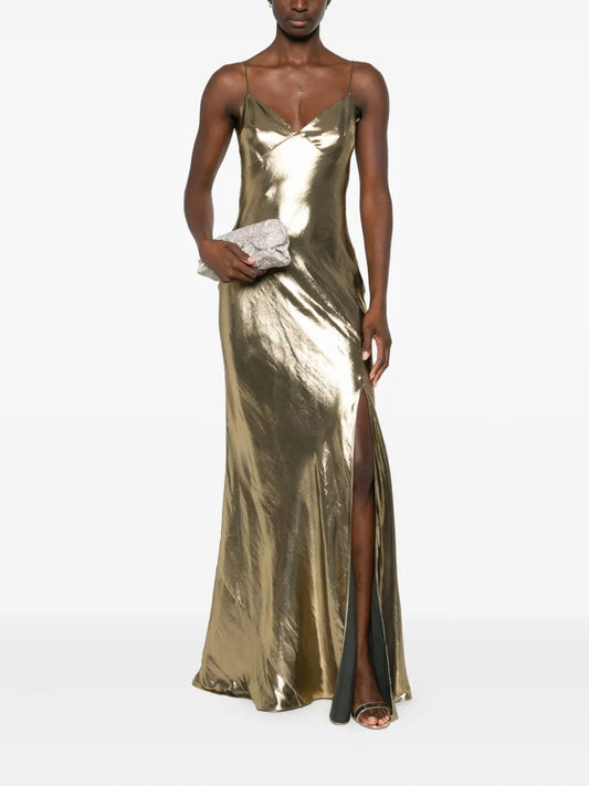Self Portrait Metallic Effect Maxi Dress — Gold — Size S — Front View